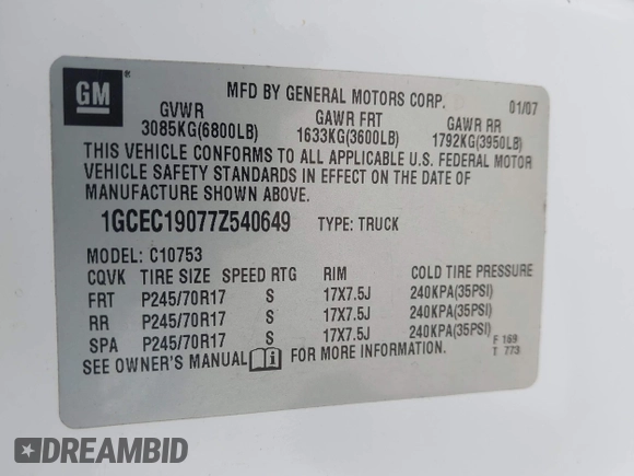 2007 Chevrolet Silverado 1500 LT w/1LT with VIN 1GCEC19077Z540649, listed as a IAAI auction lot 42037356 with 226,277 mi miles. Bid and sale history available at carsss.com. Image 9.