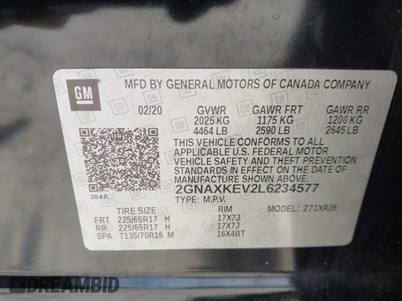 2020 Chevrolet Equinox LT z VIN 2GNAXKEV2L6234577, wystawiony jako IAAI lot #42186081 z przebiegiem 99 795 mil mil oraz . Historia ofert i sprzedaży dostępna na DreamBid. Obrazek 9.