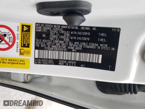2019 Toyota Highlander Hybrid Limited with VIN 5TDDGRFH2KS056181, listed as a Copart auction lot 56202795 with 81,908 mi miles and Salvage title. Bid and sale history available at DreamBid. Image 13.