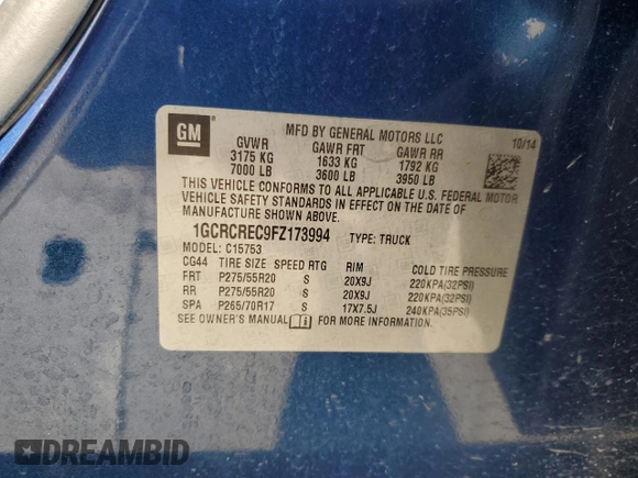 2015 Chevrolet Silverado 1500 LT with VIN 1GCRCREC9FZ173994, listed as a Copart auction lot 77023834 with 107,624 mi miles and Salvage Title. Bid and sale history available at DreamBid. Image 12.