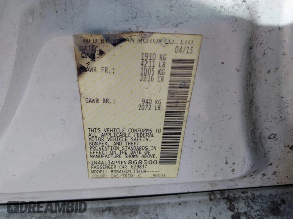 2015 Nissan Altima 2.5 S with VIN 1N4AL3AP4FN868500, listed as a IAAI auction lot 41497837 with 213,417 mi miles. Bid and sale history available at carsss.com. Image 9.