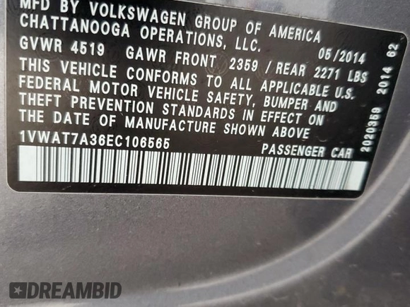2014 Volkswagen Passat S z VIN 1VWAT7A36EC106565, wystawiony jako Copart lot #53965625 z przebiegiem 130 936 mil mil oraz Szkoda całkowita • Salvage title. Historia ofert i sprzedaży dostępna na DreamBid. Obrazek 12.