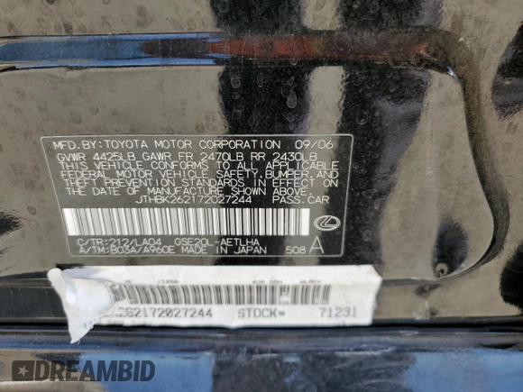2007 Lexus IS 250 with VIN JTHBK262172027244, listed as a Copart auction lot 61504085 with 181,524 mi miles and Salvage title. Bid and sale history available at DreamBid. Image 12.