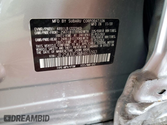 2021 Subaru Forester Touring with VIN JF2SKAXC8MH461092, listed as a Copart auction lot 63675875 with 26,720 mi miles and Salvage title. Bid and sale history available at DreamBid. Image 13.