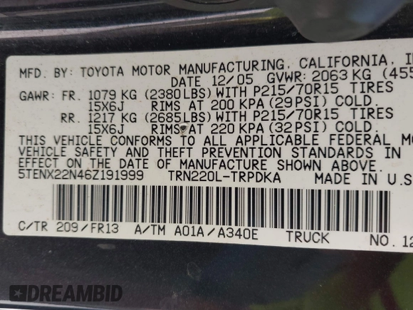 2006 Toyota Tacoma with VIN 5TENX22N46Z191999, listed as a IAAI auction lot 41813593 with 177,111 mi miles. Bid and sale history available at carsss.com. Image 9.