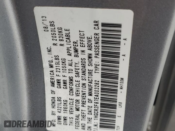 2014 Honda Accord Sedan EX-L with VIN 1HGCR2F87EA003282, listed as a Copart auction lot 53279905 with 125,336 mi miles and Salvage Title. Bid and sale history available at carsss.com. Image 14.