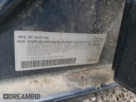 2009 Audi A4 Premium Plus with VIN WAUSF78K39A098158, listed as a Copart auction lot 55299645 with Not provided miles and Clean title. Bid and sale history available at DreamBid. Image 12.