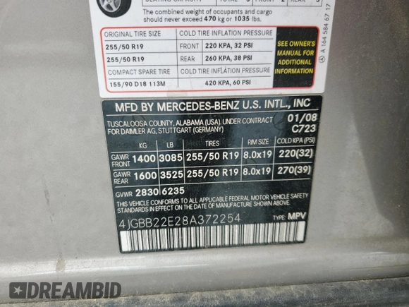 2008 Mercedes-Benz M 320 CDI with VIN 4JGBB22E28A372254, listed as a Copart auction lot 58625865 with 205,329 mi miles and Salvage title. Bid and sale history available at DreamBid. Image 13.