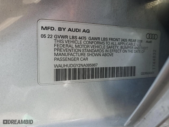 2022 Audi A3 Premium Plus with VIN WAUHUDGY2NA085867, listed as a Copart auction lot 71608194 with 7,360 mi miles and Salvage Title. Bid and sale history available at carsss.com. Image 14.