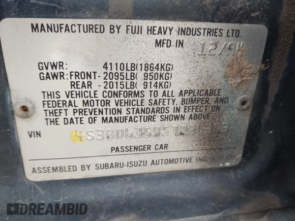 1995 Subaru Legacy L with VIN 4S3BD6353S7226373, listed as a IAAI auction lot 41912014 with 141,304 mi miles and . Bid and sale history available at DreamBid. Image 9.