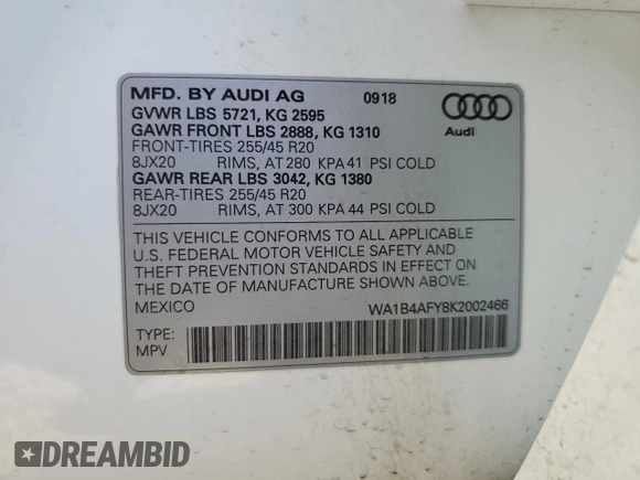 2019 Audi SQ5 Premium Plus with VIN WA1B4AFY8K2002466, listed as a Copart auction lot 86432854 with 41,572 mi miles and Salvage Title. Bid and sale history available at carsss.com. Image 14.