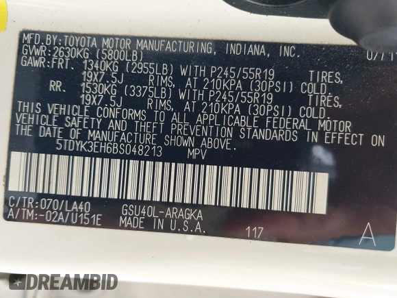 2011 Toyota Highlander Limited with VIN 5TDYK3EH6BS048213, listed as a IAAI auction lot 42454713 with 228,094 mi miles and . Bid and sale history available at DreamBid. Image 9.