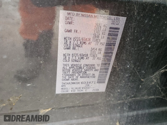 2013 Nissan Pathfinder SL with VIN 5N1AR2MN1DC603471, listed as a Copart auction lot 46274285 with 125,978 mi miles and Salvage Title. Bid and sale history available at carsss.com. Image 15.