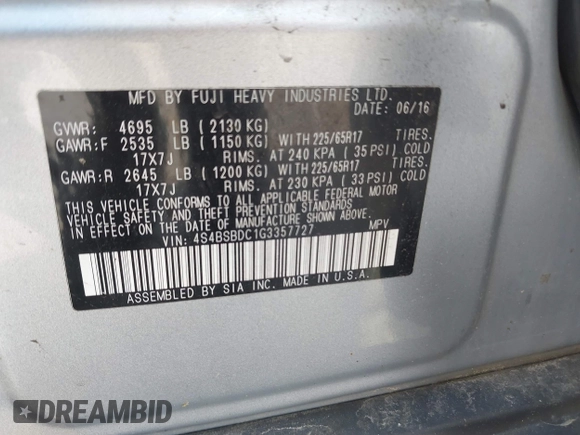 2016 Subaru Outback Premium with VIN 4S4BSBDC1G3357727, listed as a IAAI auction lot 42376722 with 81,895 mi miles and . Bid and sale history available at DreamBid. Image 9.