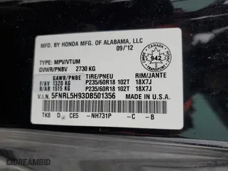 2013 Honda Odyssey Touring with VIN 5FNRL5H93DB501356, listed as a Copart auction lot 45135025 with 0 mi miles and Clean Title. Bid and sale history available at carsss.com. Image 13.