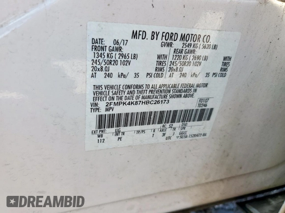 2017 Ford Edge Titanium z VIN 2FMPK4K87HBC26173, wystawiony jako Copart lot #58070565 z przebiegiem 63 989 mil mil oraz Szkoda całkowita • Salvage title. Historia ofert i sprzedaży dostępna na DreamBid. Obrazek 13.