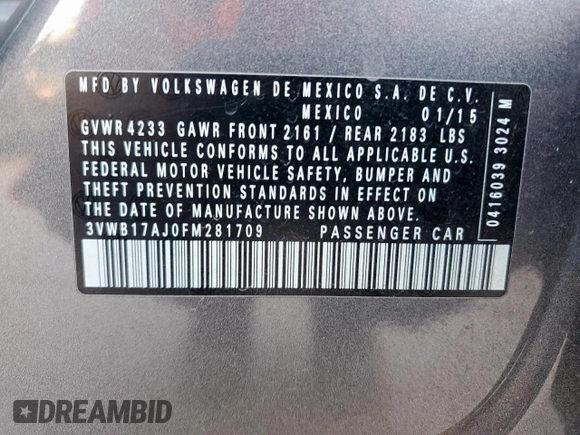 2015 Volkswagen Jetta Sport with VIN 3VWB17AJ0FM281709, listed as a Copart auction lot 62726005 with 169,516 mi miles and Salvage title. Bid and sale history available at DreamBid. Image 13.