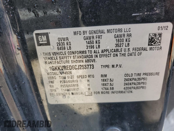 2012 GMC Acadia SLT1 z VIN 1GKKVRED6CJ253773, wystawiony jako Copart lot #52736045 z przebiegiem 172 310 mil mil oraz Czysty tytuł • Clean title. Historia ofert i sprzedaży dostępna na DreamBid. Obrazek 13.