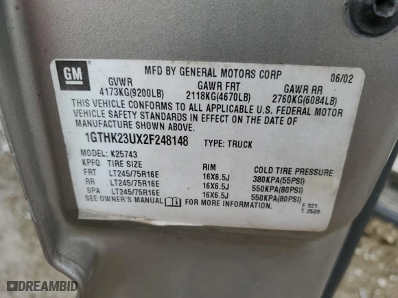 2002 GMC Sierra 2500HD SLE with VIN 1GTHK23UX2F248148, listed as a Copart auction lot 49129785 with 181,219 mi miles and Salvage Title. Bid and sale history available at carsss.com. Image 13.