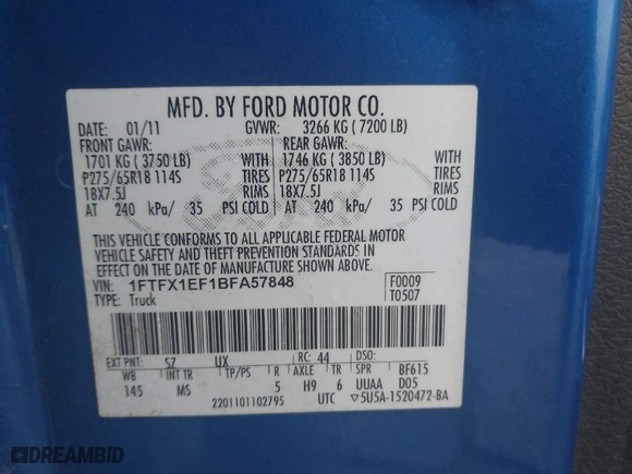 2011 Ford F-150 XL with VIN 1FTFX1EF1BFA57848, listed as a IAAI auction lot 41533564 with 324,800 mi miles. Bid and sale history available at carsss.com. Image 9.