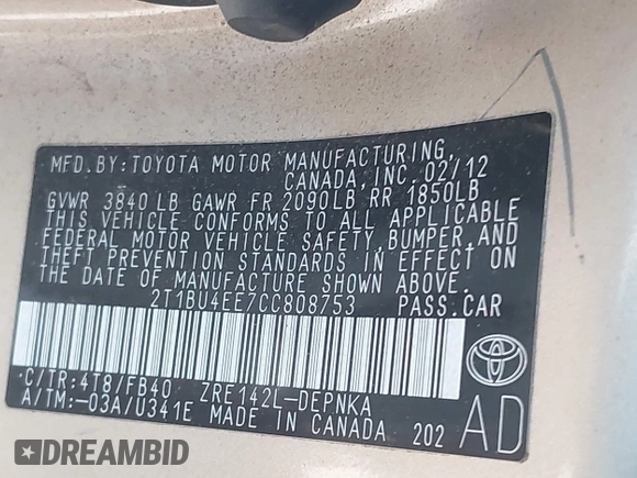2012 Toyota Corolla L with VIN 2T1BU4EE7CC808753, listed as a IAAI auction lot 41955631 with 25,994 mi miles. Bid and sale history available at carsss.com. Image 9.