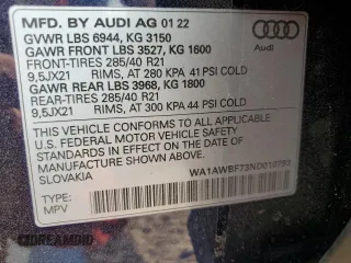 2022 Audi SQ7 Premium Plus z VIN WA1AWBF73ND010793, wystawiony jako Copart lot #53046083 z przebiegiem 12 925 mil mil oraz . Historia ofert i sprzedaży dostępna na DreamBid. Obrazek 15.