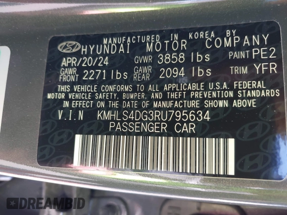 2024 Hyundai Elantra SEL with VIN KMHLS4DG3RU795634, listed as a IAAI auction lot 42506655 with 19,443 mi miles and . Bid and sale history available at DreamBid. Image 9.