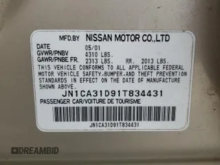 2001 Nissan Maxima GXE z VIN JN1CA31D91T834431, wystawiony jako Copart lot #72933854 z przebiegiem 105 249 mil mil oraz Czysty tytuł • Clean title. Historia ofert i sprzedaży dostępna na DreamBid. Obrazek 12.