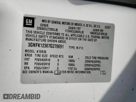 2007 Chevrolet Avalanche 3LT with VIN 3GNFK12367G278691, listed as a Copart auction lot 75472144 with Not Provided miles and Clean Title. Bid and sale history available at DreamBid. Image 12.