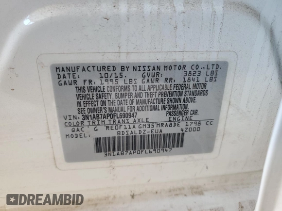 2015 Nissan Sentra SV with VIN 3N1AB7AP0FL690947, listed as a Copart auction lot 53983875 with 84,206 mi miles and Salvage Title. Bid and sale history available at DreamBid. Image 13.