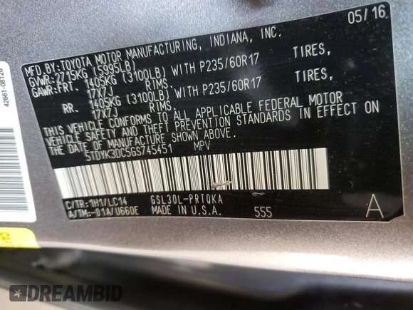 2016 Toyota Sienna XLE with VIN 5TDYK3DC5GS745451, listed as a Copart auction lot 63852525 with 161,578 mi miles and Salvage title. Bid and sale history available at DreamBid. Image 13.