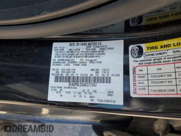 2010 Ford Fusion Hybrid with VIN 3FADP0L32AR372207, listed as a Copart auction lot 62764755 with 102,388 mi miles and Salvage title. Bid and sale history available at DreamBid. Image 12.