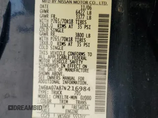 2007 Nissan Titan XE with VIN 1N6BA07A87N216984, listed as a Copart auction lot 46000555 with 152,238 mi miles and Clean Title. Bid and sale history available at carsss.com. Image 12.