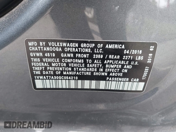 2016 Volkswagen Passat S with VIN 1VWAT7A30GC054210, listed as a IAAI auction lot 42452304 with 119,842 mi miles and . Bid and sale history available at DreamBid. Image 9.