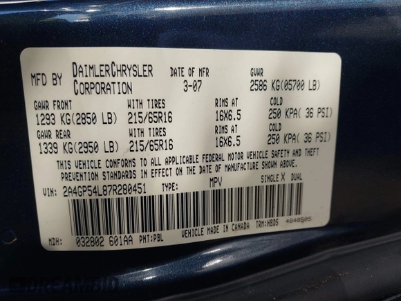 2007 Chrysler Town & Country LWB Touring with VIN 2A4GP54L87R280451, listed as a IAAI auction lot 41824129 with 150,676 mi miles. Bid and sale history available at carsss.com. Image 9.