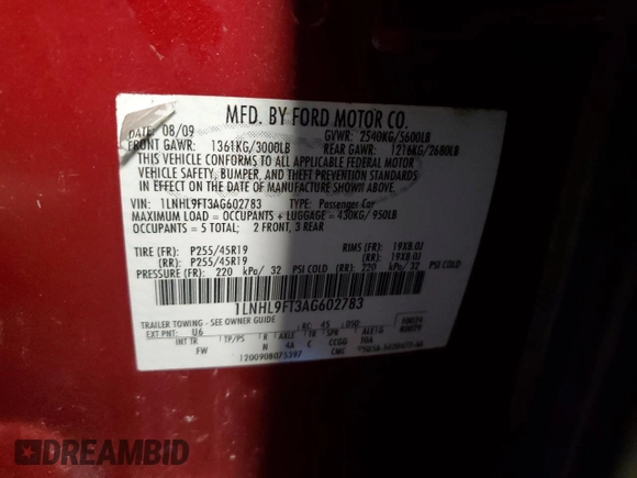 2010 Lincoln MKS EcoBoost with VIN 1LNHL9FT3AG602783, listed as a Copart auction lot 45983635 with 216,806 mi miles and Salvage title. Bid and sale history available at DreamBid. Image 12.