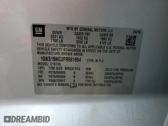 2015 GMC Yukon SLT with VIN 1GKS1BKC2FR661854, listed as a Copart auction lot 48418105 with 169,970 mi miles and Salvage Title. Bid and sale history available at carsss.com. Image 12.