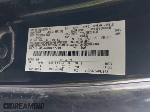2019 Ford F-150 XL with VIN 1FTFX1E57KKF17710, listed as a IAAI auction lot 41229931 with 131,543 mi miles and . Bid and sale history available at DreamBid. Image 9.