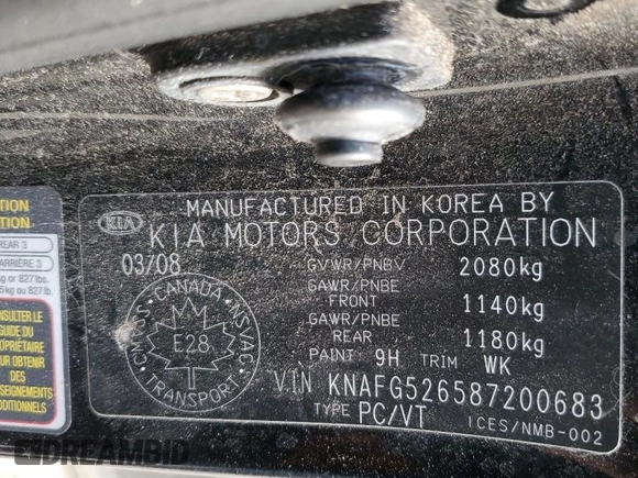 2008 Kia Rondo LX with VIN KNAFG526587200683, listed as a Copart auction lot 52042095 with 207,574 mi miles and Salvage Title. Bid and sale history available at carsss.com. Image 13.