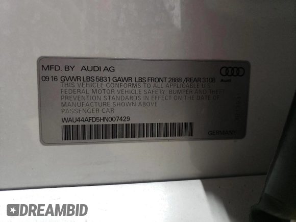 2017 Audi A8 z VIN WAU44AFD5HN007429, wystawiony jako Copart lot #45166564 z przebiegiem 59 423 mil mil oraz Nie do naprawy • Non repairable. Historia ofert i sprzedaży dostępna na DreamBid. Obrazek 13.