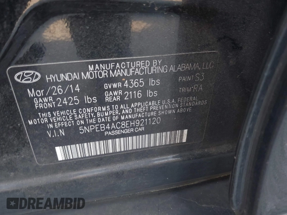 2014 Hyundai Sonata GLS with VIN 5NPEB4AC8EH921120, listed as a IAAI auction lot 41891370 with 187,931 mi miles and . Bid and sale history available at carsss.com. Image 9.