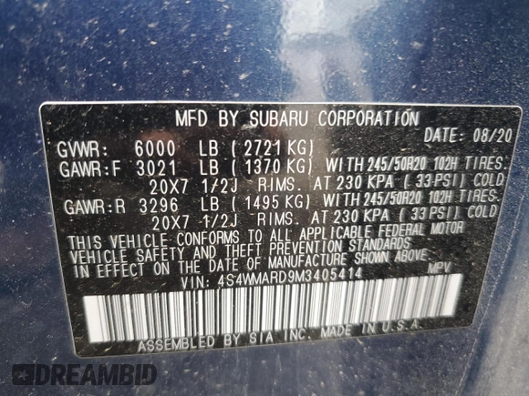 2021 Subaru Ascent Touring with VIN 4S4WMARD9M3405414, listed as a Copart auction lot 58504645 with 48,640 mi miles and Salvage title. Bid and sale history available at DreamBid. Image 13.