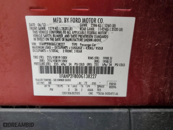 2013 Ford Taurus Limited with VIN 1FAHP2F80DG138227, listed as a Copart auction lot 54097095 with 208,323 mi miles and Clean Title. Bid and sale history available at carsss.com. Image 12.