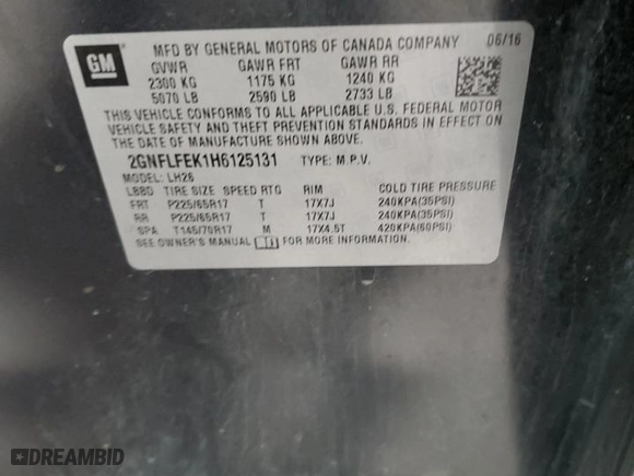 2017 Chevrolet Equinox LT with VIN 2GNFLFEK1H6125131, listed as a Copart auction lot 51447185 with 122,443 mi miles and Clean Title. Bid and sale history available at carsss.com. Image 14.
