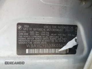 2008 BMW 3 Series 328xi z VIN WBAVC935X8K036008, wystawiony jako Copart lot #57130885 z przebiegiem 216 919 mil mil oraz Czysty tytuł • Clean title. Historia ofert i sprzedaży dostępna na DreamBid. Obrazek 12.