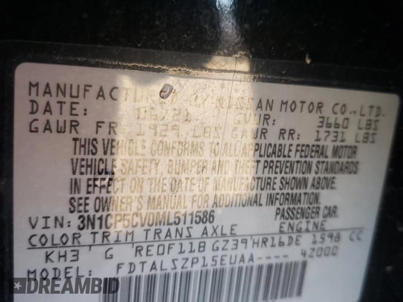 2021 Nissan Kicks SV with VIN 3N1CP5CV0ML511586, listed as a Copart auction lot 88870745 with 102,652 mi miles and Salvage Title. Bid and sale history available at DreamBid. Image 12.