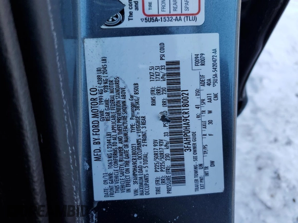 2012 Ford Fusion SE with VIN 3FAHP0HA9CR180021, listed as a Copart auction lot 45402615 with 68,824 mi miles and Salvage Title. Bid and sale history available at DreamBid. Image 12.