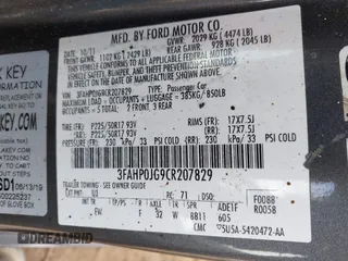 2012 Ford Fusion SEL with VIN 3FAHP0JG9CR207829, listed as a IAAI auction lot 42024719 with 180,501 mi miles. Bid and sale history available at carsss.com. Image 9.