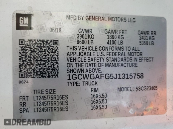 2018 Chevrolet Express Cargo Van with VIN 1GCWGAFG5J1315758, listed as a Copart auction lot 86204684 with 192,498 mi miles and Salvage Title. Bid and sale history available at carsss.com. Image 12.
