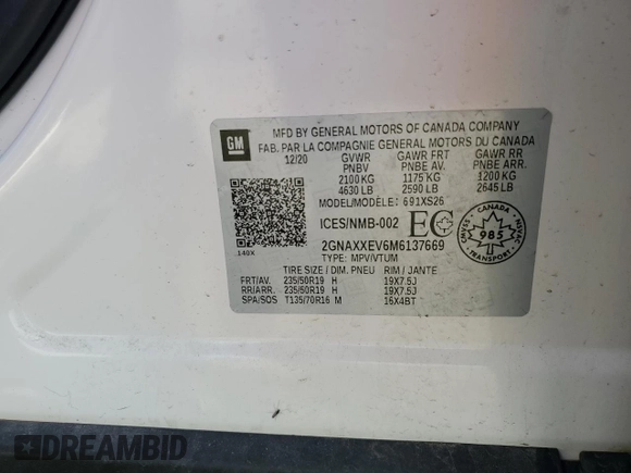 2021 Chevrolet Equinox Premier z VIN 2GNAXXEV6M6137669, wystawiony jako Copart lot #53437745 z przebiegiem 93 812 mil mil oraz Szkoda całkowita • Salvage title. Historia ofert i sprzedaży dostępna na DreamBid. Obrazek 14.